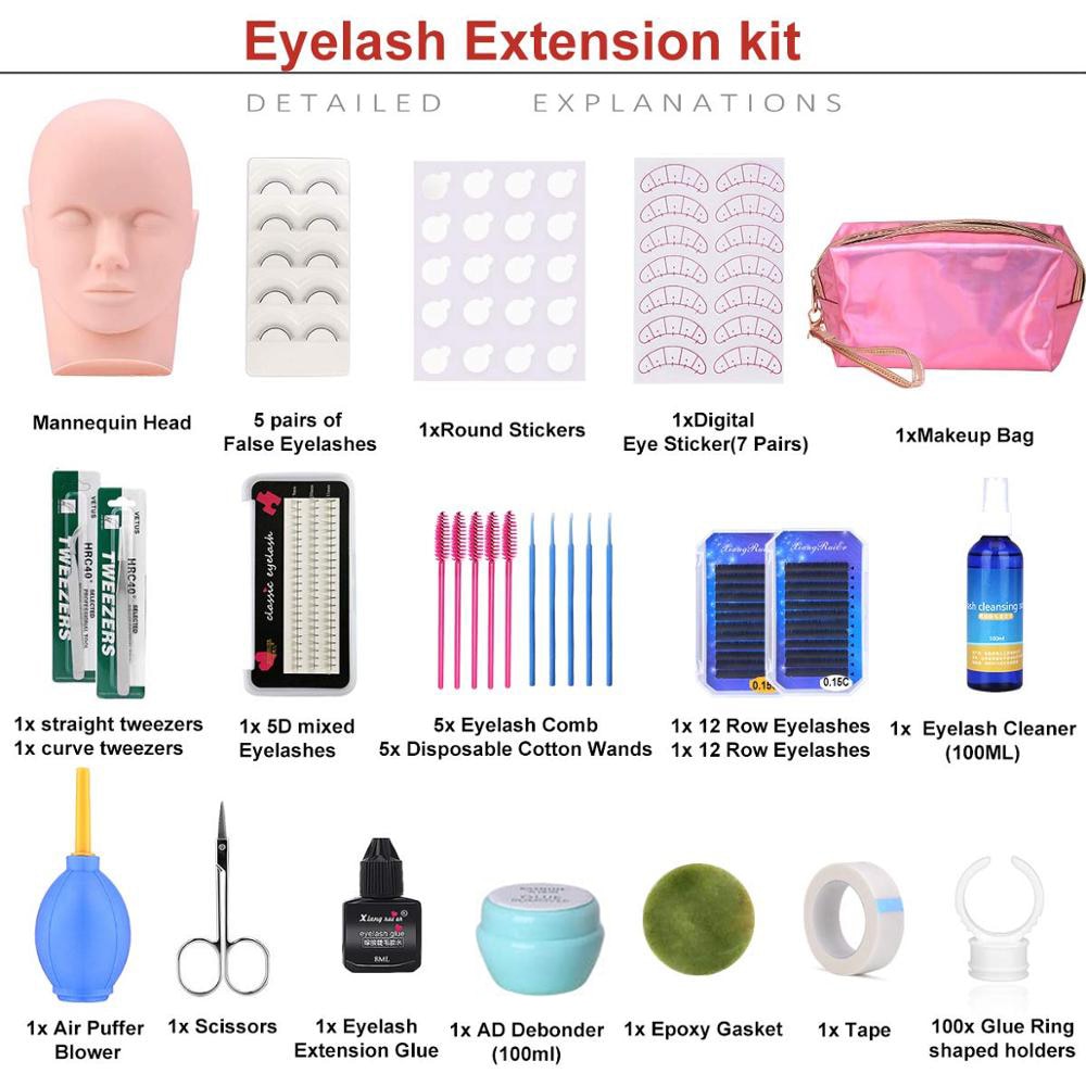 Konmison Eyelash Extension kit 19PCS Professional Eyelashes Kit with Mannequin Training Head False Eyelash Extension Glue Tool